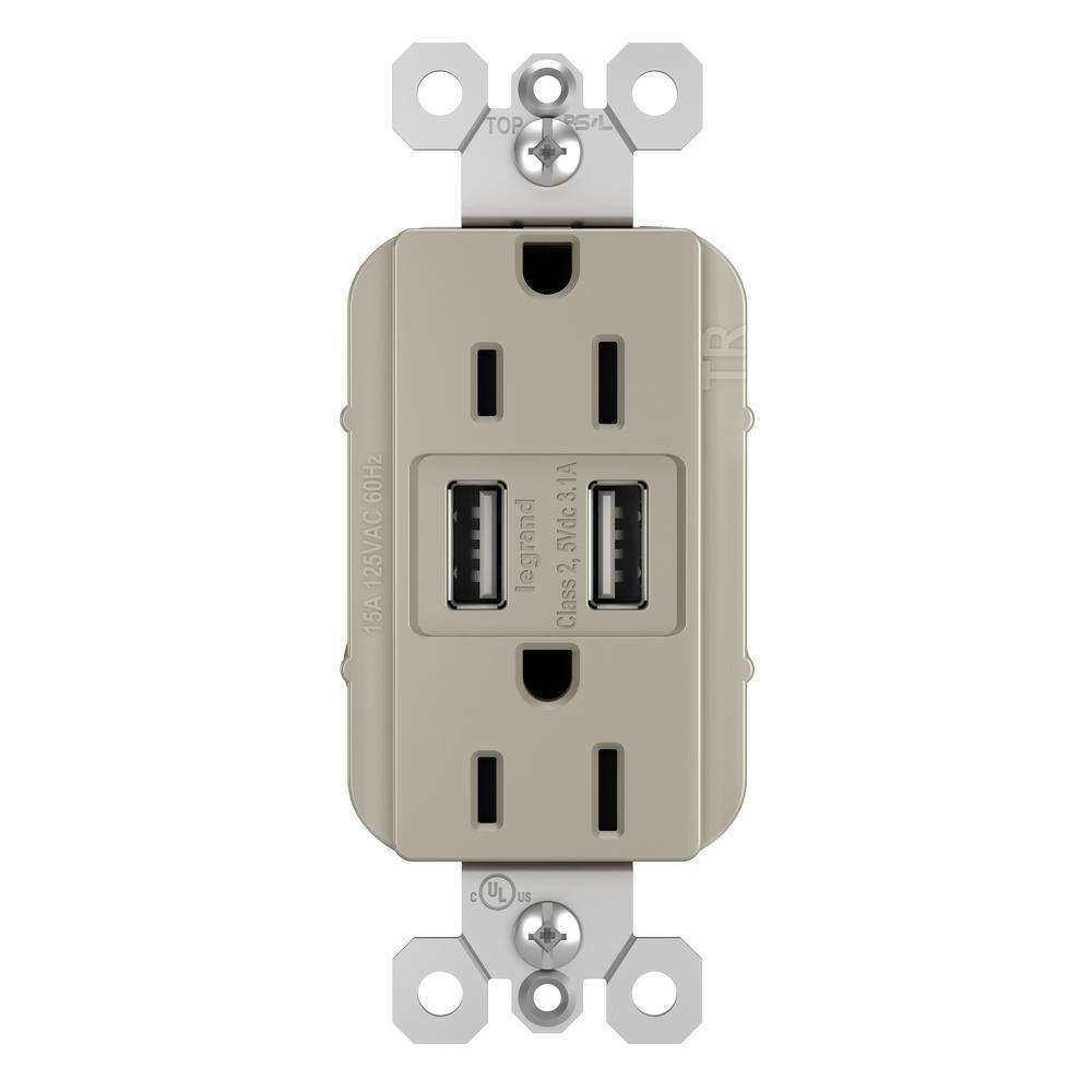 Legrand radiant 15 Amp 125 Volt Duplex Outlet with 3.1 Amp USB Nickel TM826USBNICCV4