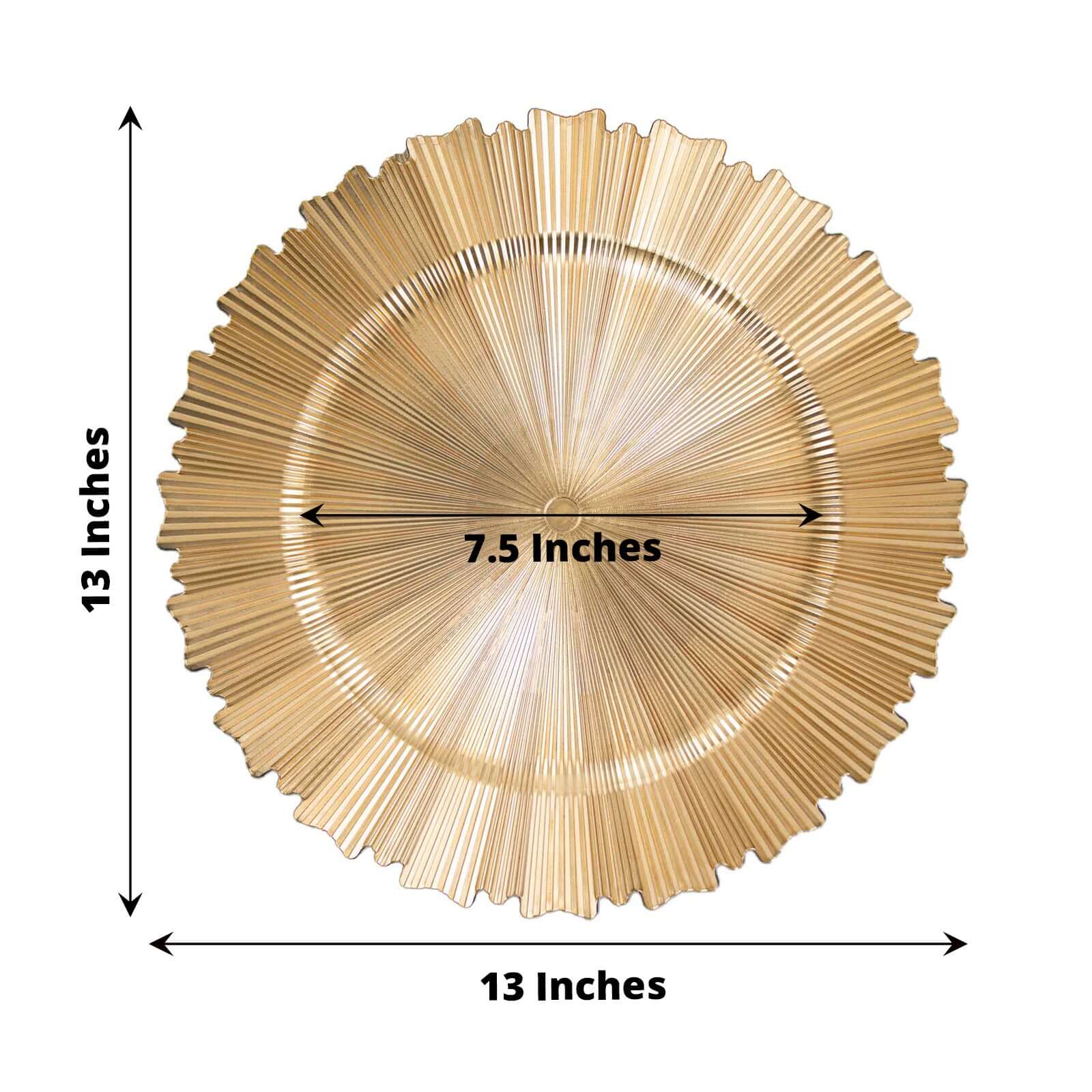 6 Pack Metallic Gold Sunray Acrylic Plastic Serving Plates, Round Scalloped Rim Disposable Charger Plates 13