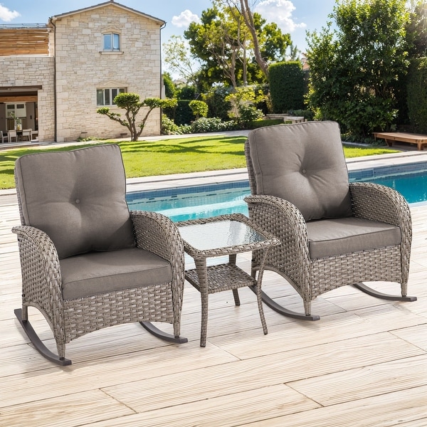 Gymojoy Patio Furniture Set PE Wicker Rocking Chairs and Side Table