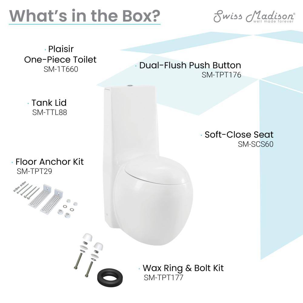 Swiss Madison Plaisir 1-piece 1.11.6 GPF Dual Flush Elongated Egg Toilet in Glossy White Seat Included SM-1T660