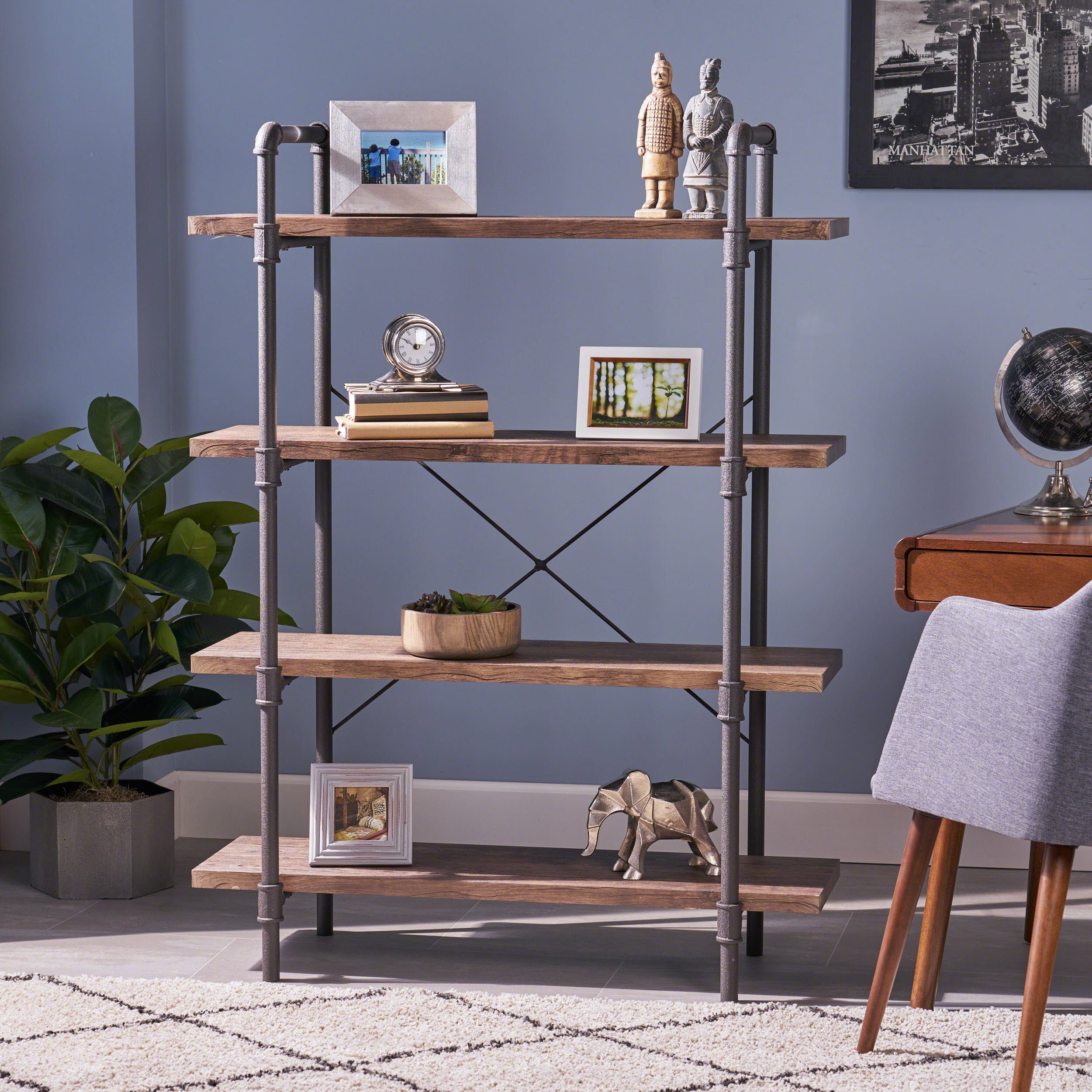 Domenico Industrial Pipe Design 4-Shelf Etagere Bookcase