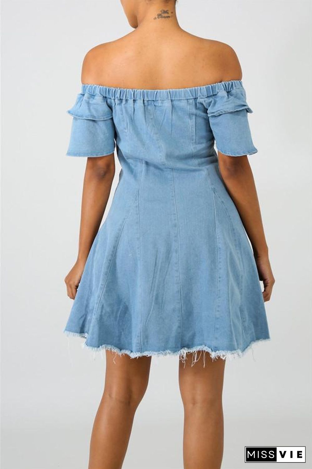 Off the Shoulder Ruffle Sleeve Denim Dress