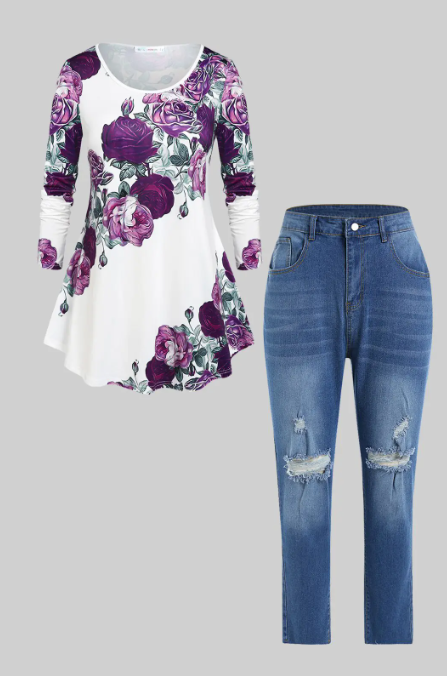 Plus Size Floral Rose Print T-shirt and Ripped Jeans Outfit