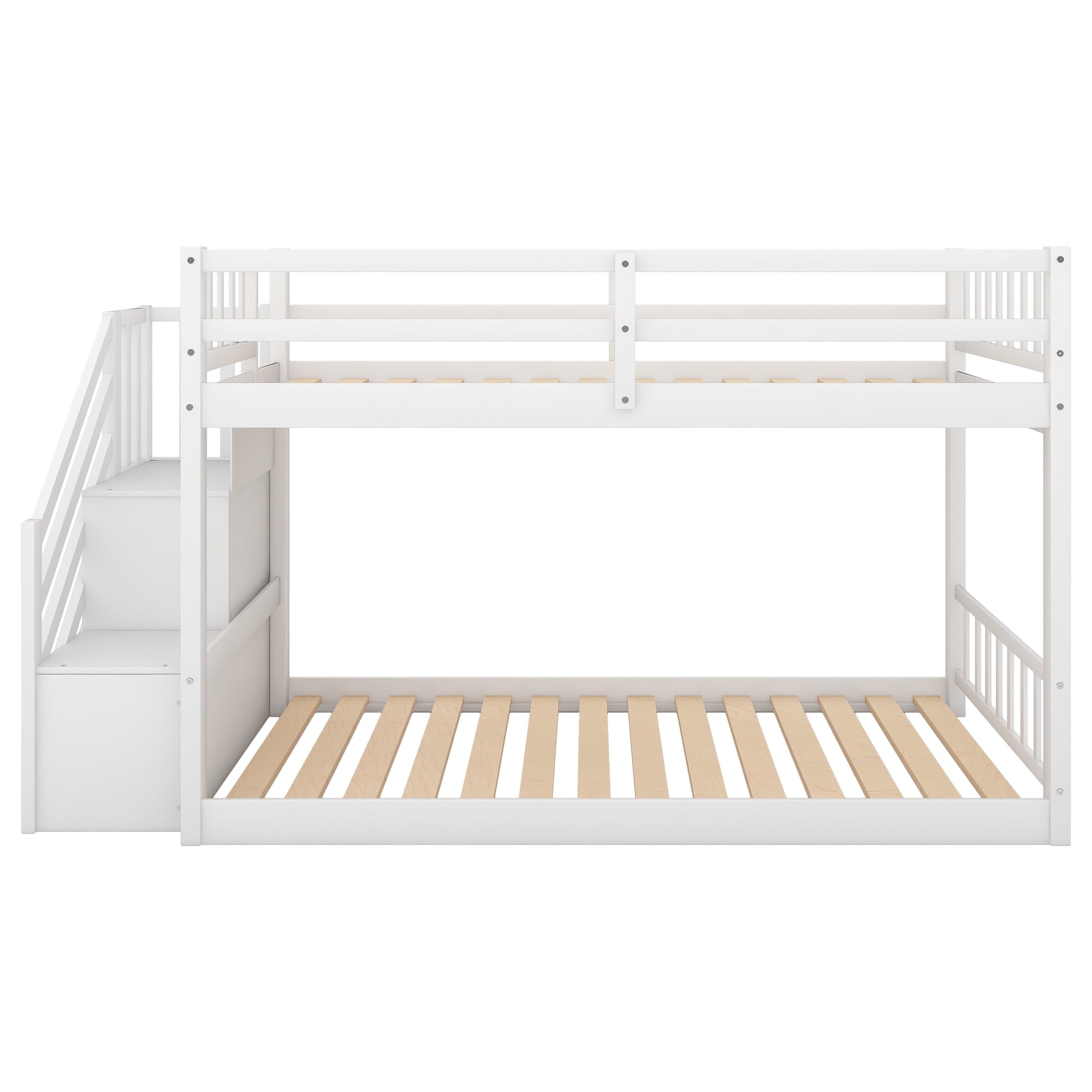 Euroco Wood Twin over Twin Floor Bunk Bed with Stairs for Kids Room, White