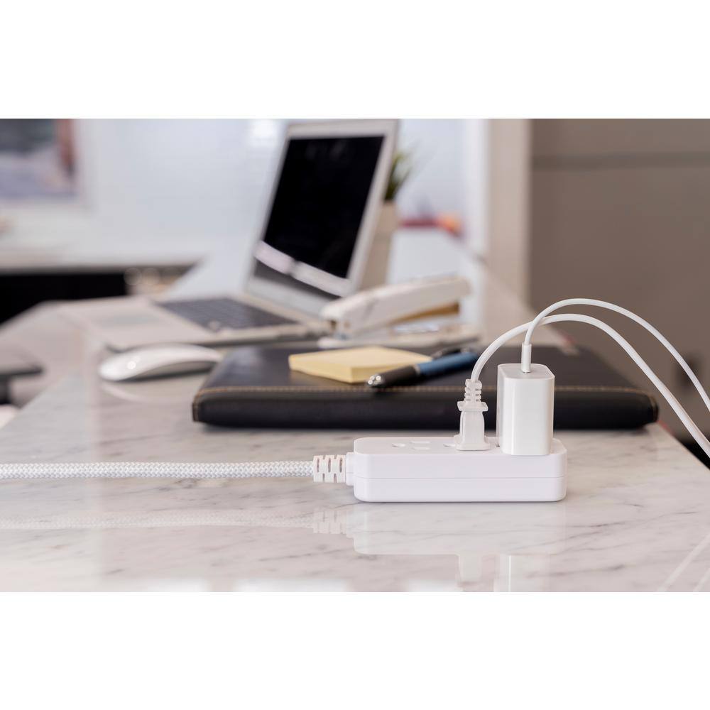 GE 3-Outlet Power Strip with 6 in. Braided Extension Cord Surge Protector Gray and White 45190