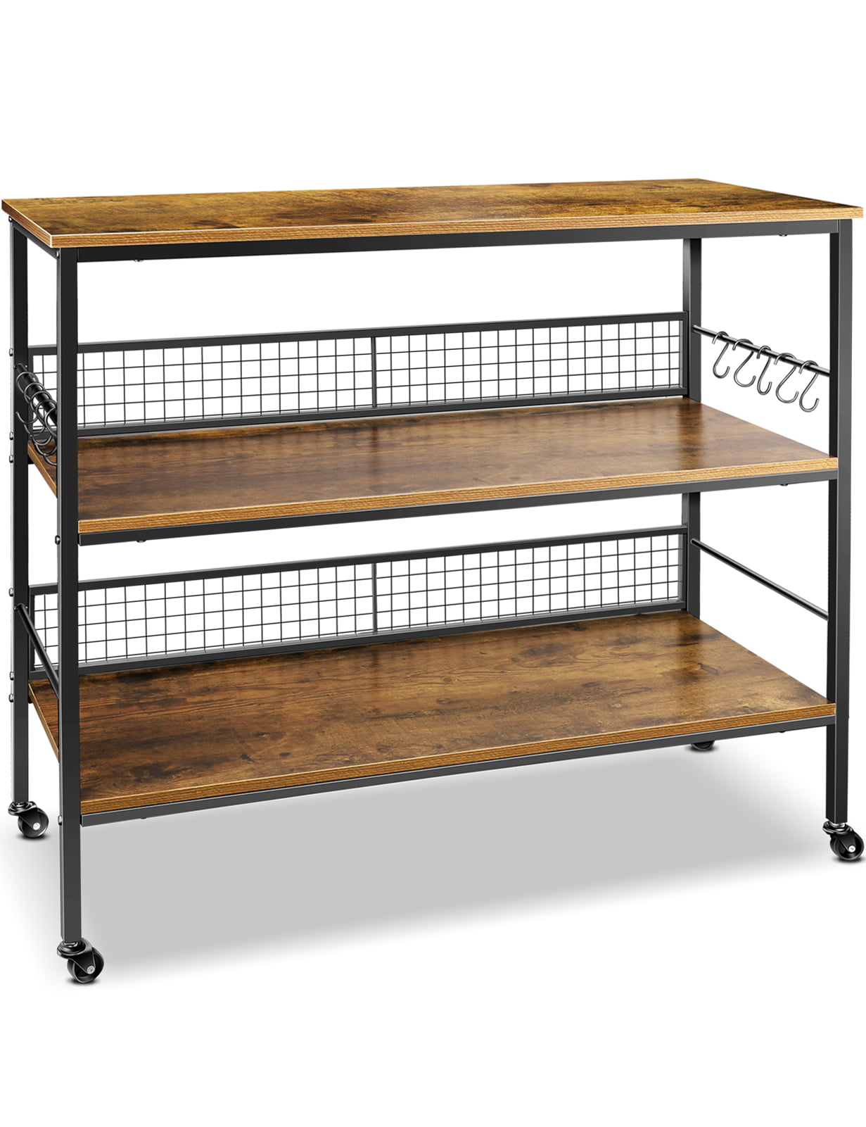 Cheflaud Rolling Kitchen Storage Cart Island with large open shelves and Large Worktop, 3-Tier Kitchen Baker’s Rack with 10 Hooks, Stable Steel