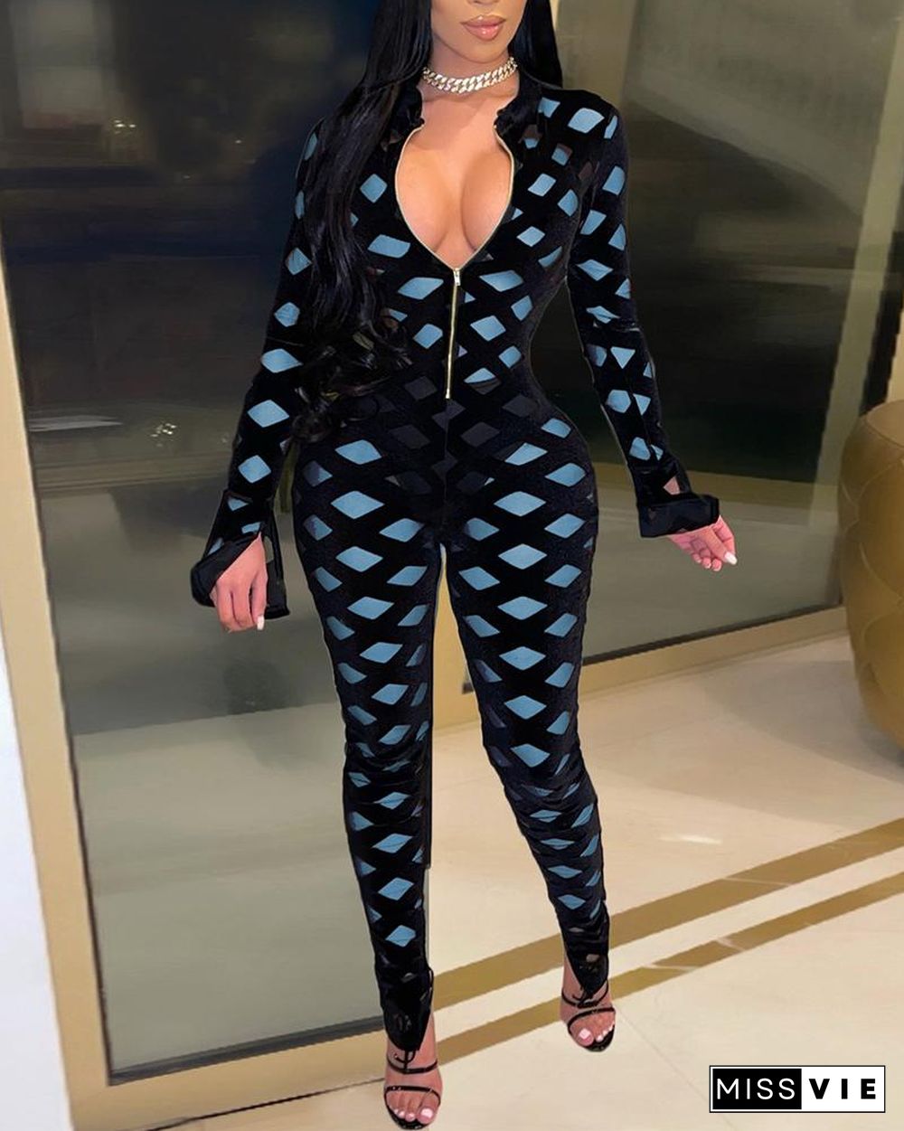 Argyle Print Flocked Mesh Split Sleeve Zipper Front Jumpsuit