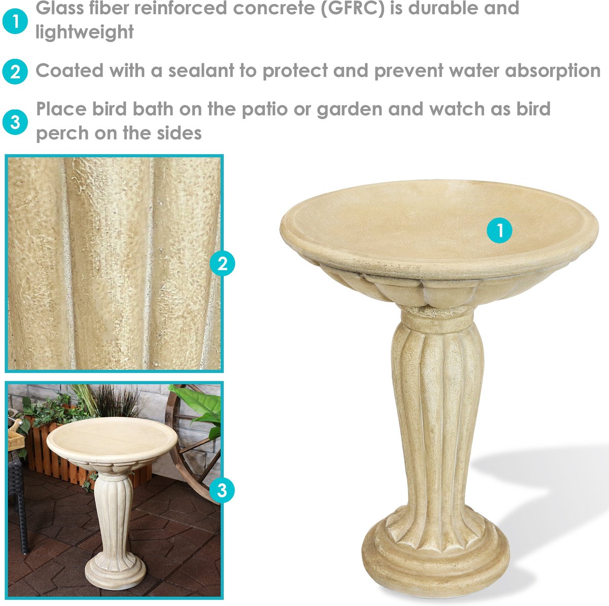 Sunnydaze Decor Grecian Garden Reinforced Concrete Bird Bath