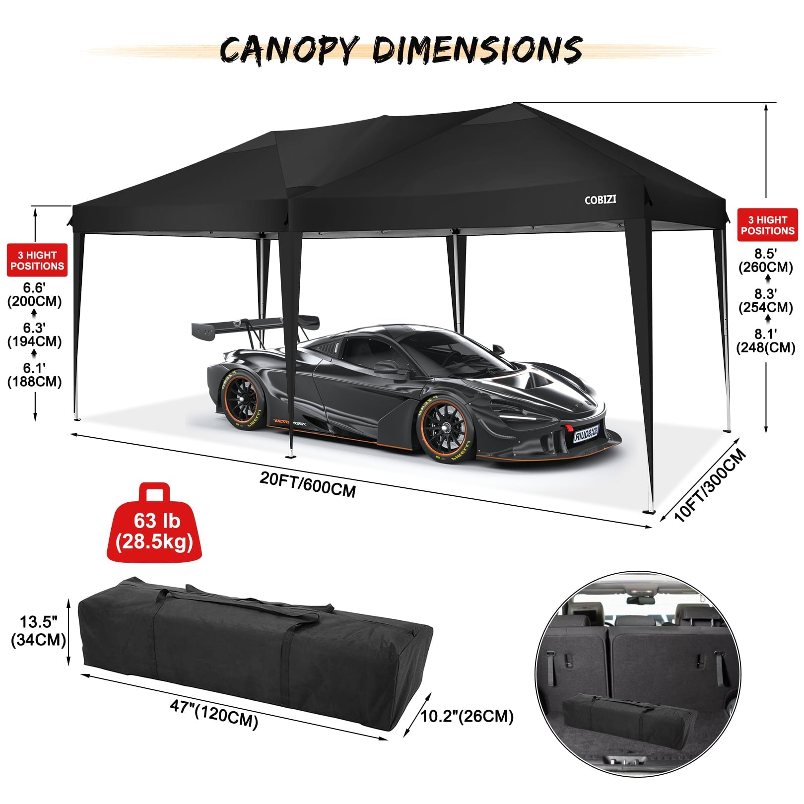 10 x 20ft Pop Up Canopy Tent Instant Outdoor Party Canopy Straight Leg Commercial Gazebo Tent Shelter with 6 Removable Sidewalls and Carrying Bag, Black