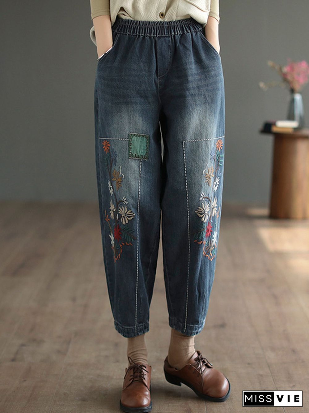 Vintage Loose Embroidered Elasticity Harem Jean Pants Bottoms