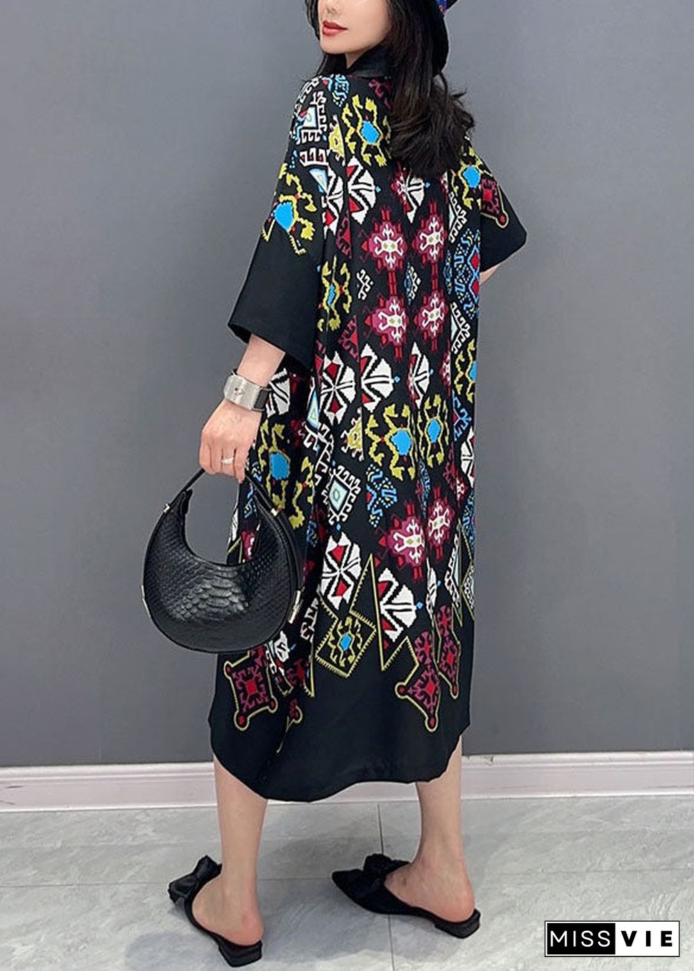 Black Print Patchwork Cotton Shirts Dresses Peter Pan Collar Summer