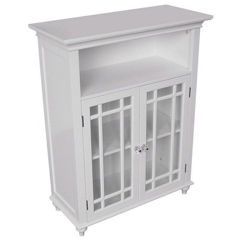 Classic White Wood 2-door Bathroom Floor Cabinet With Glass Paneled Doors