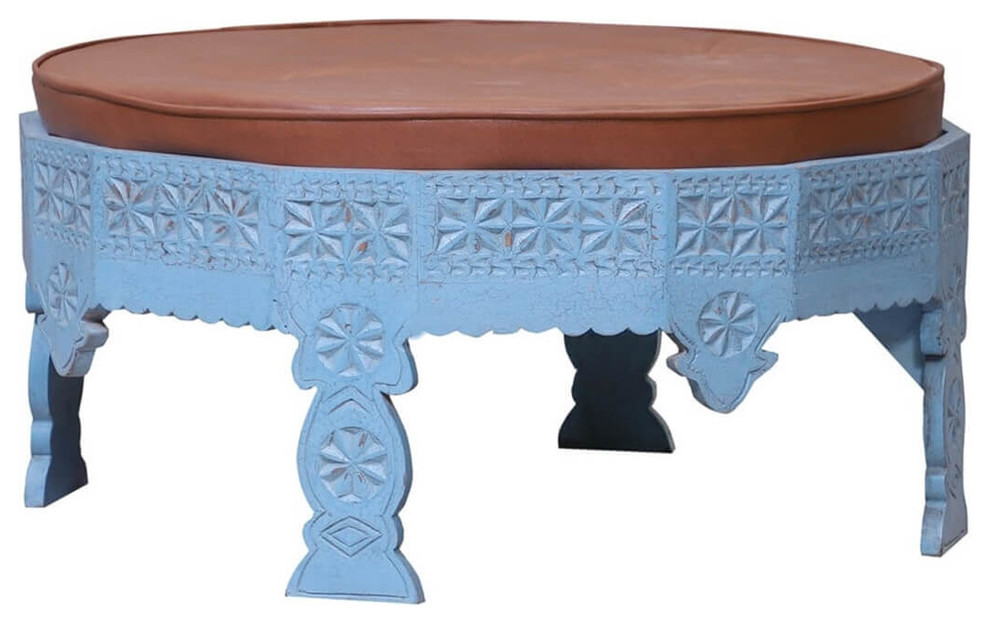 Newington Hand Carved Blue Low Height Round Upholstered Coffee Table   Mediterranean   Coffee Tables   by Sierra Living Concepts Inc  Houzz