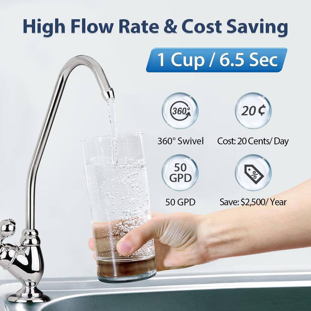 PureDrop RTW5AK Reverse Osmosis Alkaline Water Filtration System 6 Stage pH+ Alkaline Remineralization Under Sink with Faucet RTW5AK