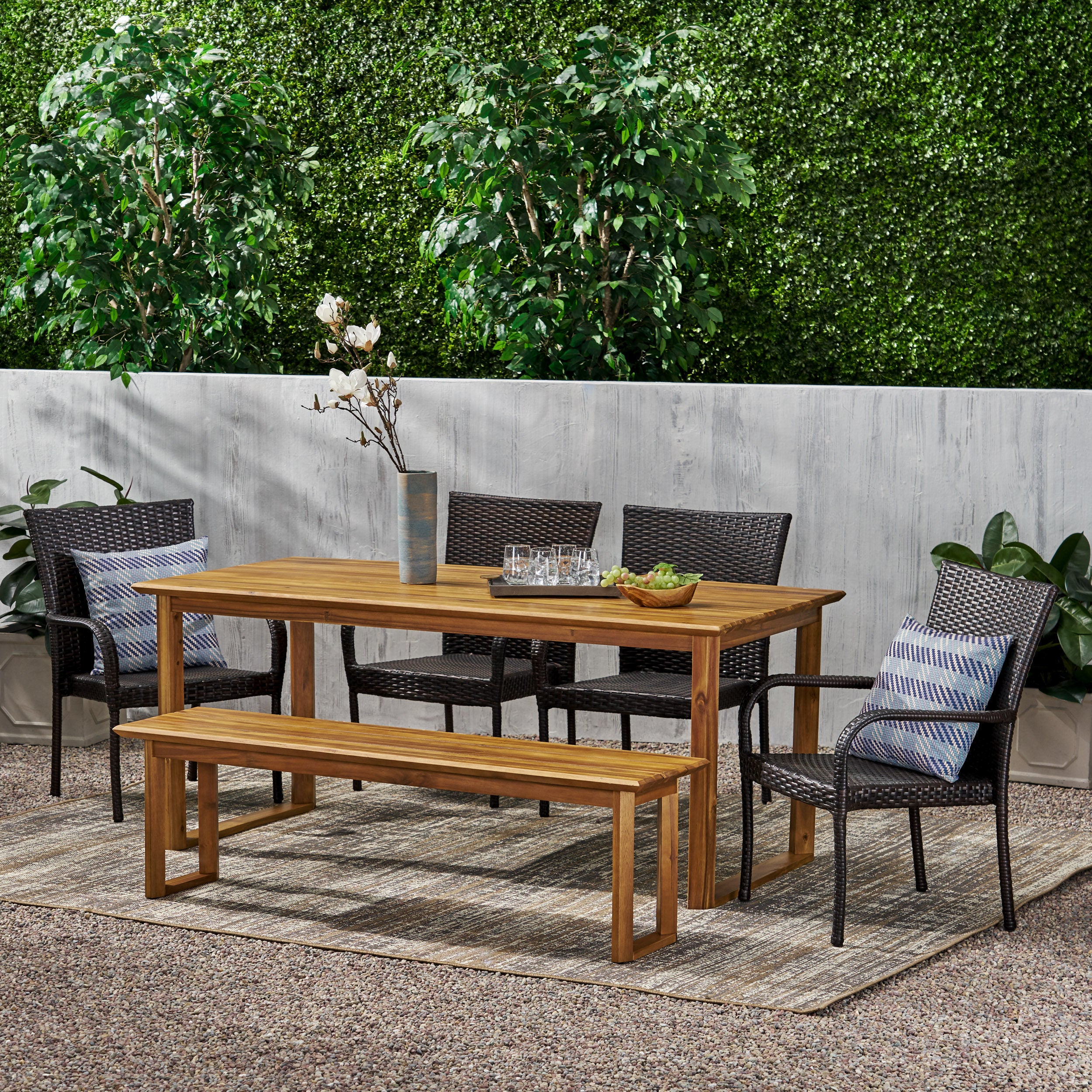 Conifer Outdoor Acacia Wood and Wicker 6 Piece Dining Set with Bench