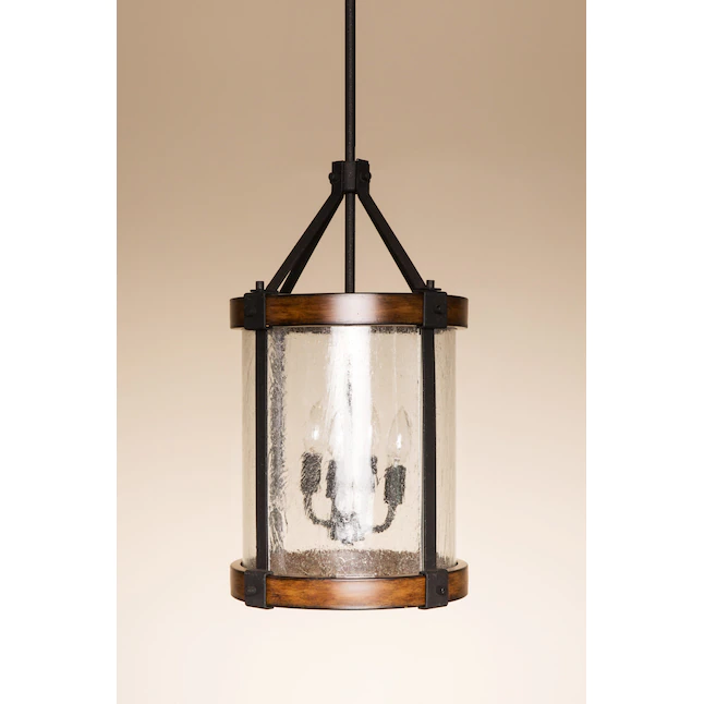 Kichler Barrington 4-Light Distressed Black and Wood Tone Rustic Seeded Glass Cylinder Pendant Light