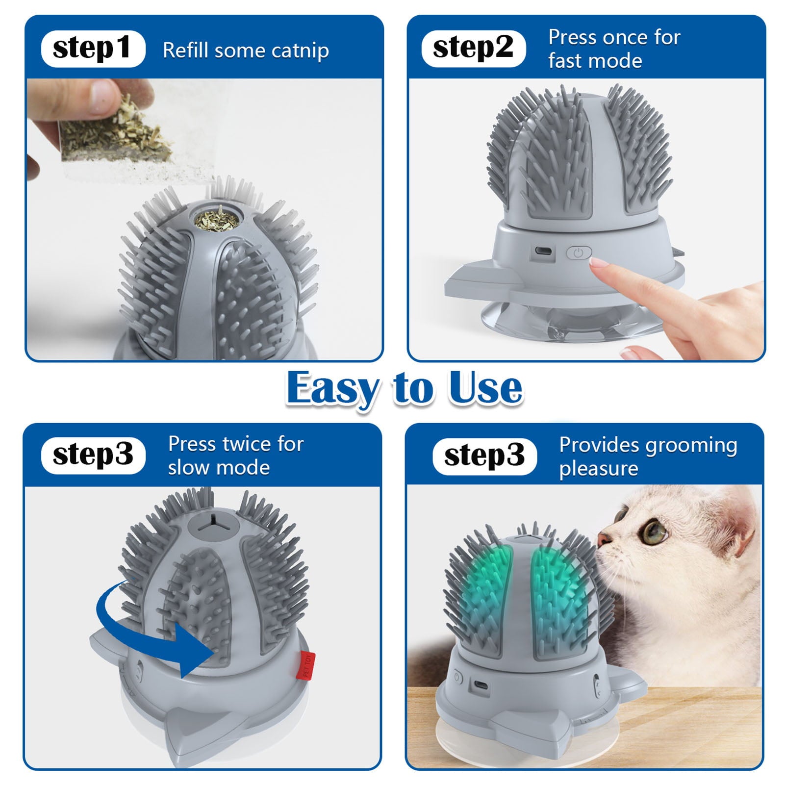 Automatic Cat Self Groomer Smart Cat Massager Self Cleaming Brush Comb 2-Speed Rotating with Color-changing Catnip Cat Interactive