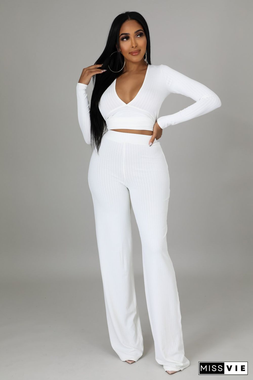 V Neck Irregular Top Straight-leg Pants Set