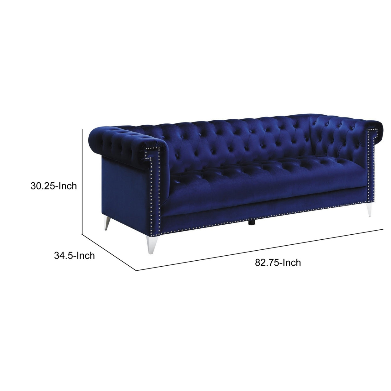 Gavin 83 Inch Modern Tuxedo Sofa, Deep Button Tufted, Nailhead, Blue Velvet- Saltoro Sherpi