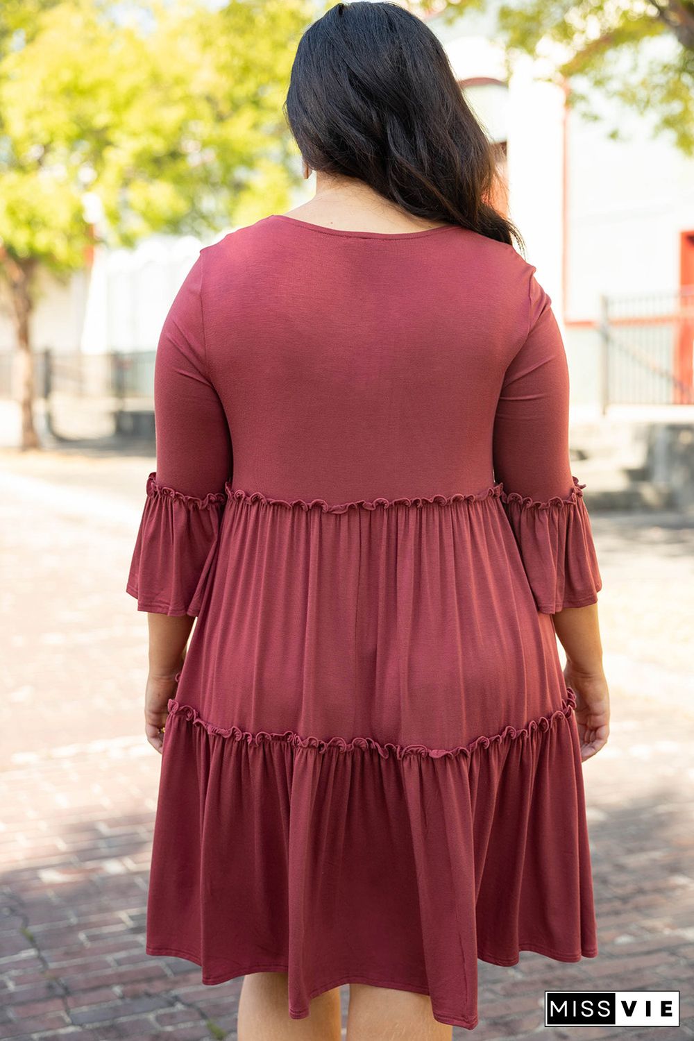 Red Tiered Ruffled 3/4 Sleeve Plus Size Dress