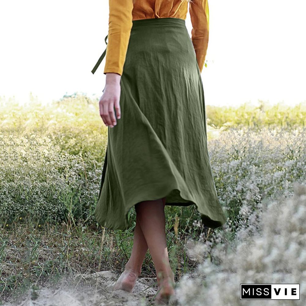 Vintage Elegant Skirt Women Cotton Side Tie A-Line Skirt Summer Long Skirt Dress