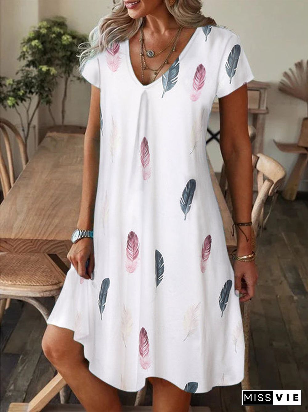 Women's Short Sleeve V Neck Floral Printed Casual Midi Dress