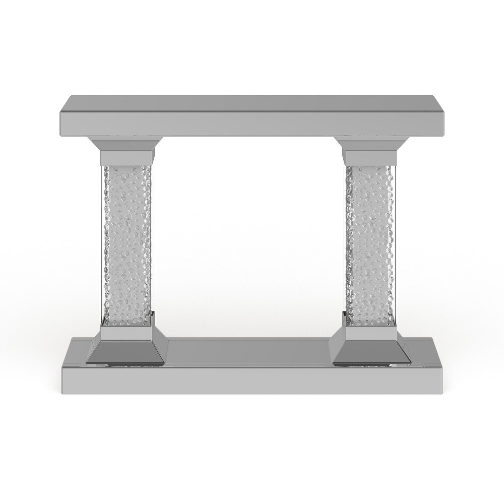 Silver Glass Beveled Mirrored Console Table with Crystal Embedded Pillars   42 x 13 x 31