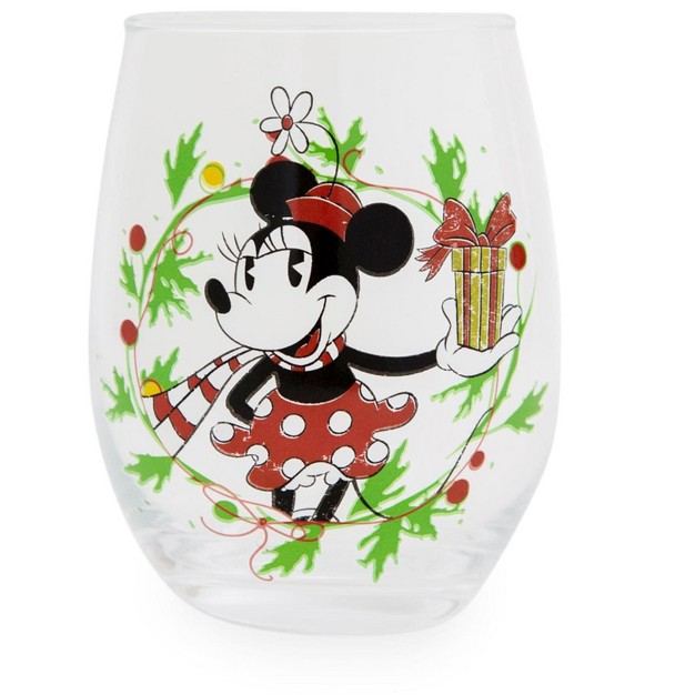 Silver Buffalo Disney Minnie Mouse Christmas Wreath Stemless Wine Glass Holds 20 Ounces