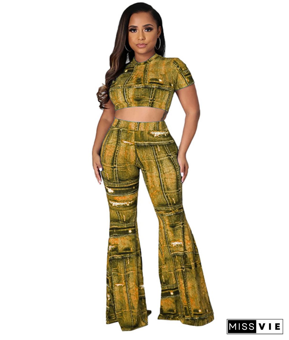 Short Sleeve Crop Top+Bell-bottoms 2 Piece Pants Set