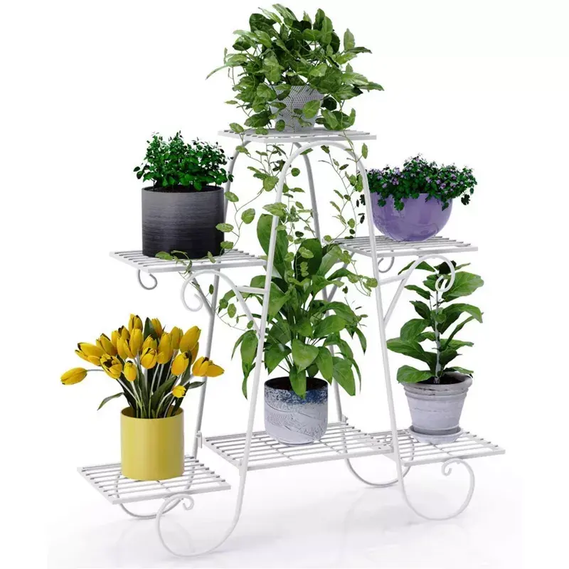 Garden Supplies Indoor Outdoor White Flower Pot Holder Shelf Metal Plant Stand