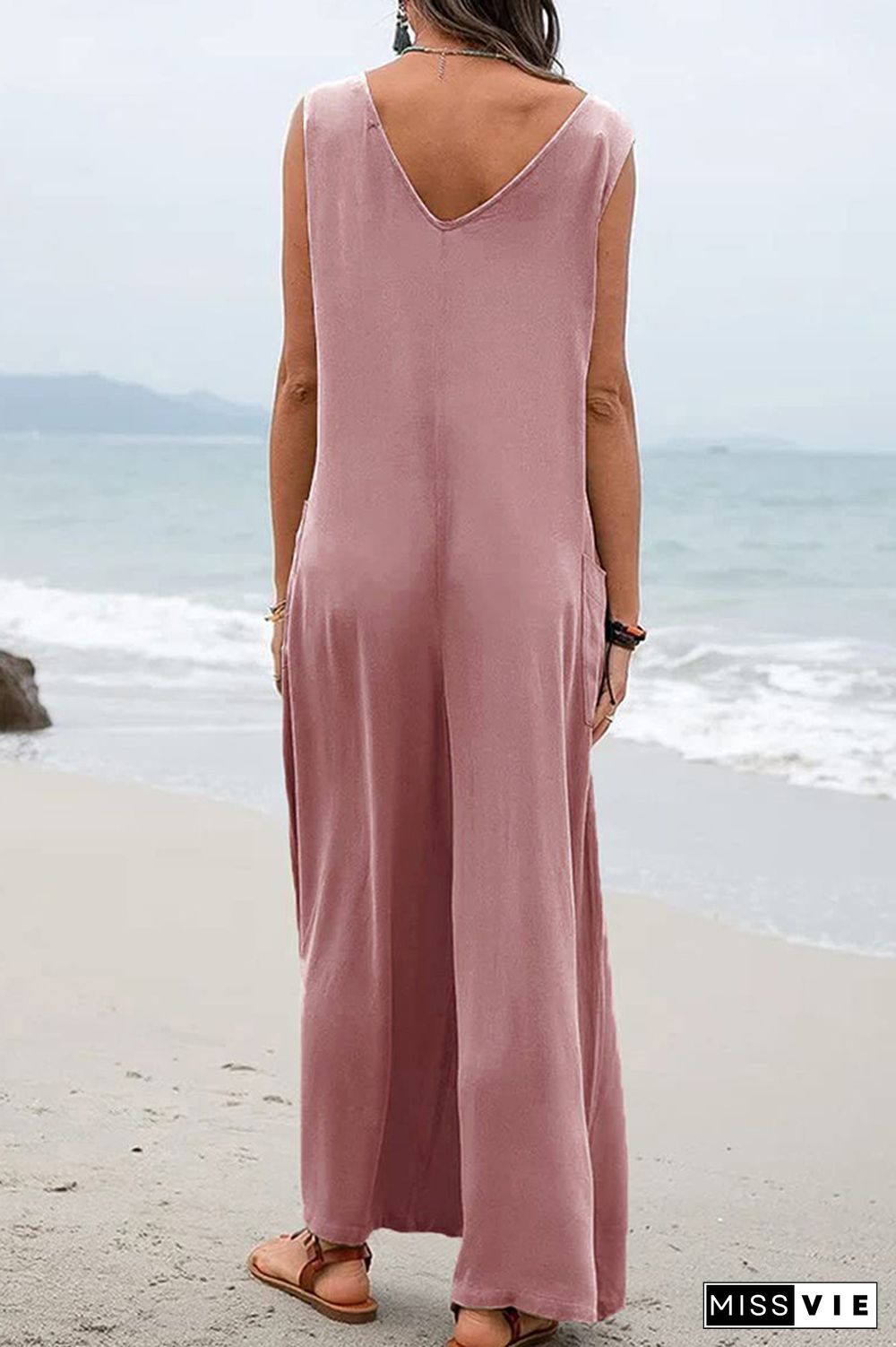 Plain V Neck Pockets Sleeveless Jumpsuit