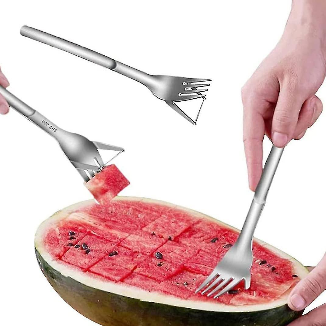 2 In 1 Watermelon Slicer And Cutter， Stainless Steel Fruit Cutting Fork Melon Block Cutting Tool For Kitchen Gadgets (silver) (1pcs)