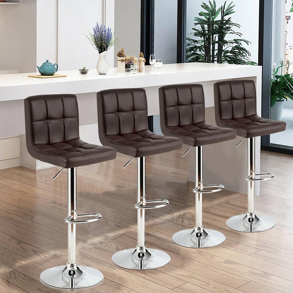 Gymax 46 in. PU Leather Bar Stool Low Back Metal Swivel Bar Chair w/ Adjustable Height Brown (Set of 4) GYM05482