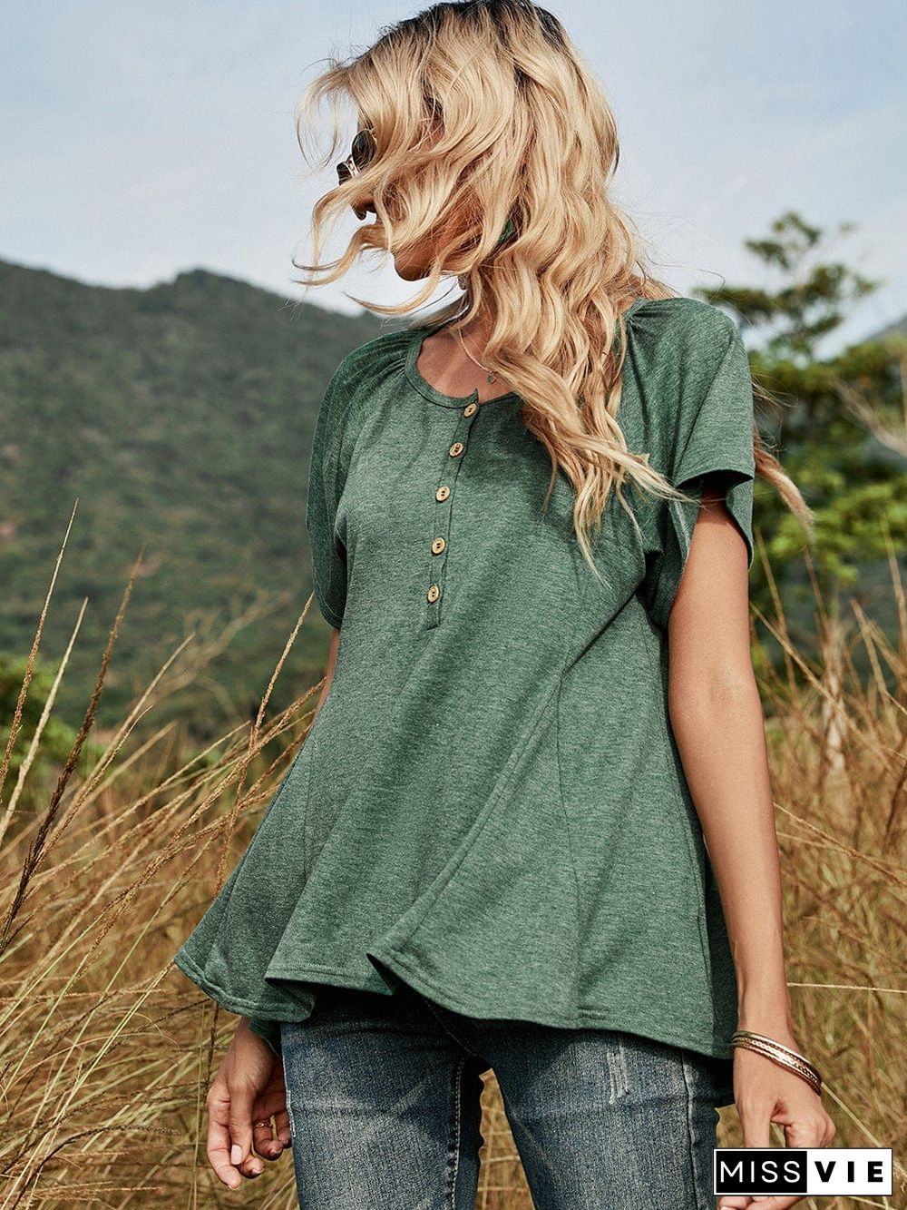 Half Button Front Flowy Tee