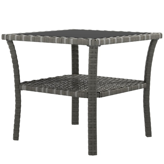 Outsunny 2 tier Design Patio Wicker Coffee Table Aluminum Glass Top Side Table