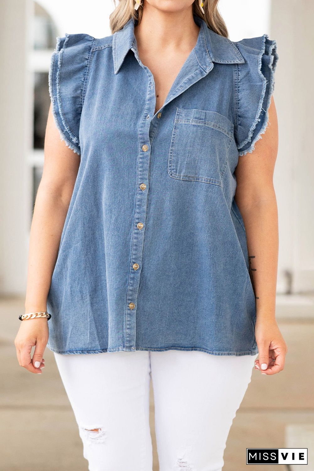 Blue Frayed Ruffle Sleeve Plus Size Denim Shirt