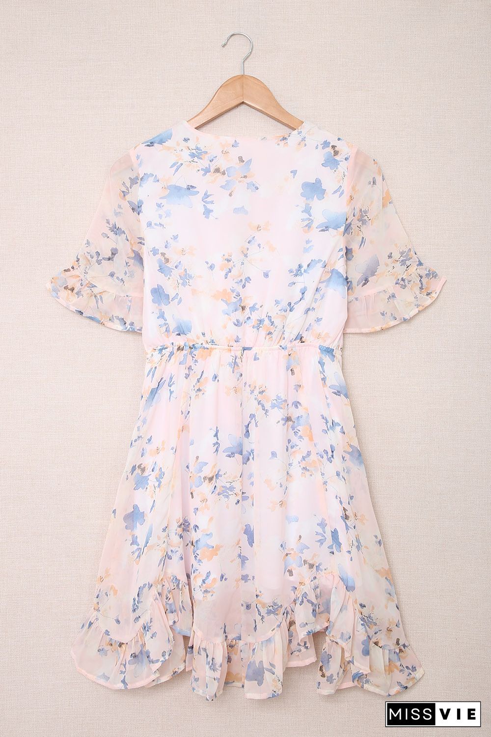 Pink Floral Print Flared Sleeve Ruffle Dress