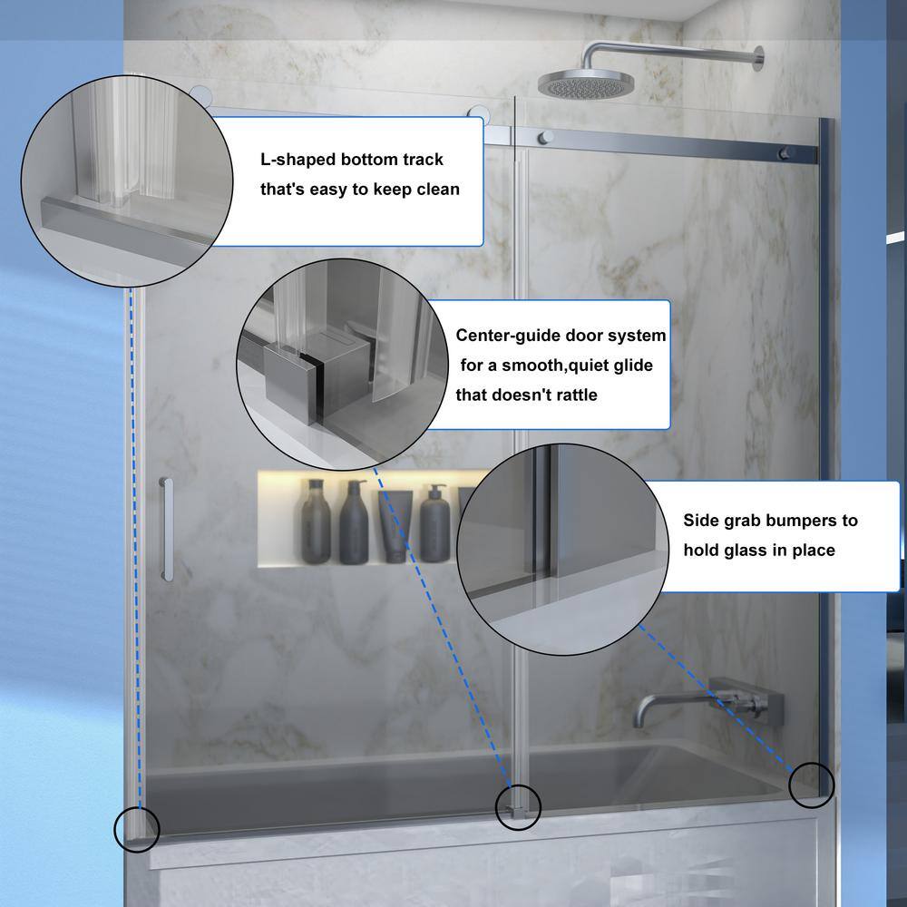 ES-DIY 56-60 in. W x 58 in. H Sliding Semi Frameless Tub Door in Chrome with Clear Glass KJFXSD5658CH08V1