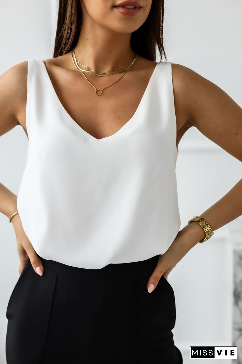 White Deep V Neck Loose Tank Top