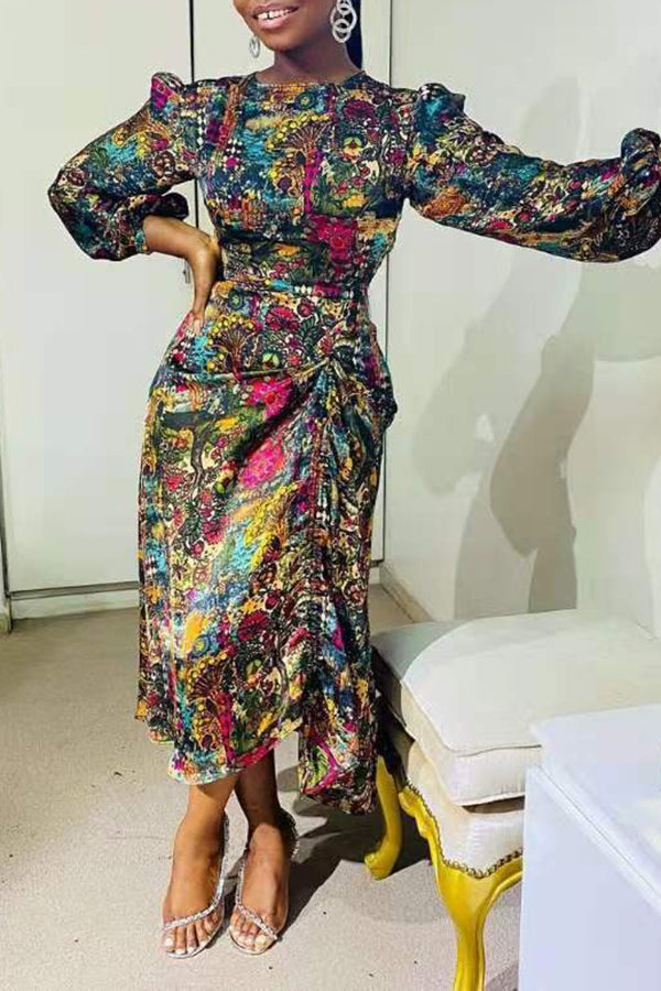 Elegant Round Neck Print Pleated Slit Midi Dress