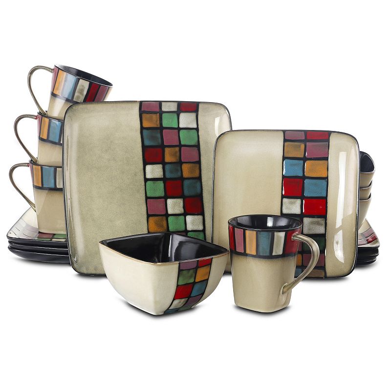 Elama Color Melange 16 Piece Multicolored Square Stoneware Dinnerware Set