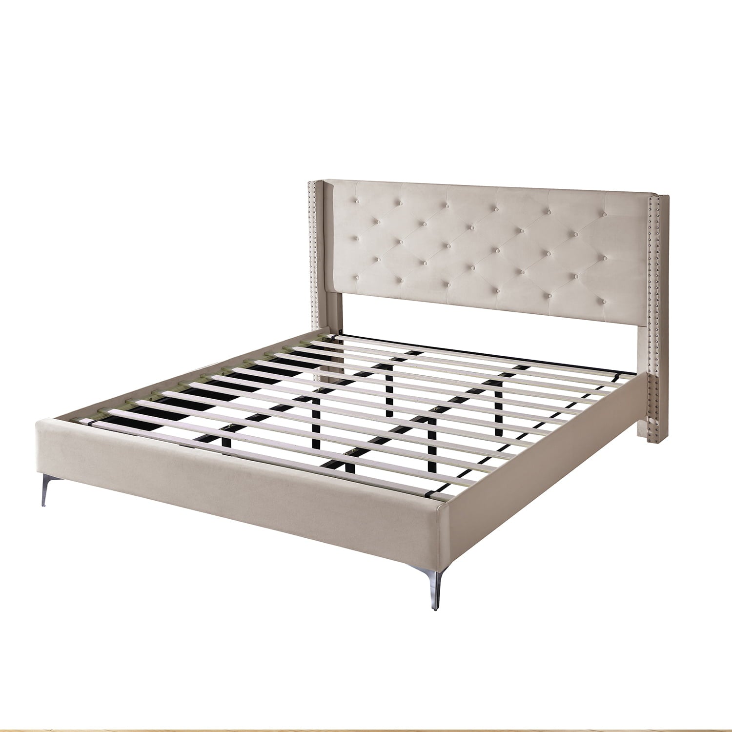 Morden Fort Wood Platform Bed Frame with Upholstered Headboard California King Cream