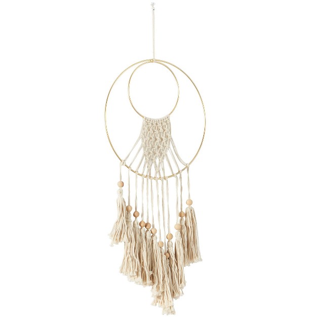 Cotton Macrame Handmade Wall Decor With Wood Beads And Gold Circular Frame Cream Olivia amp May