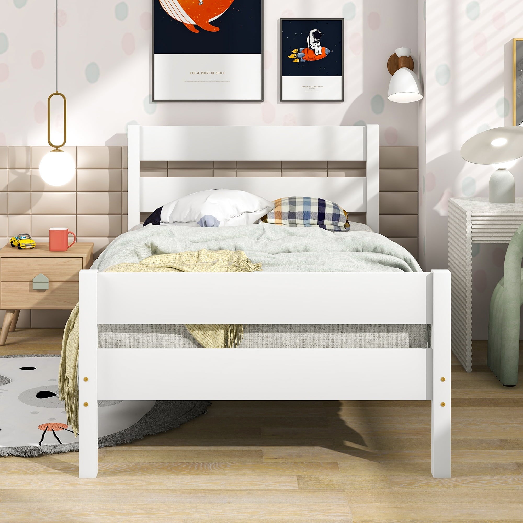 uhomepro Twin Bed Frame No Box Spring Needed, Wood Platform Bed Frame with Headboard and Footboard, Strong Wooden Slats, Twin Bed Frames for Kids, Adults, Modern Bedroom Furniture, White