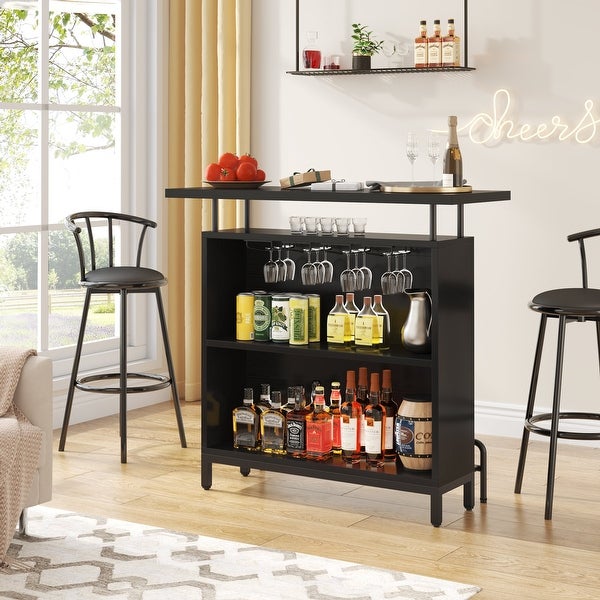 3-Tier Bar Table Liquor Cabinet with Stemware Rack and Metal Footrest