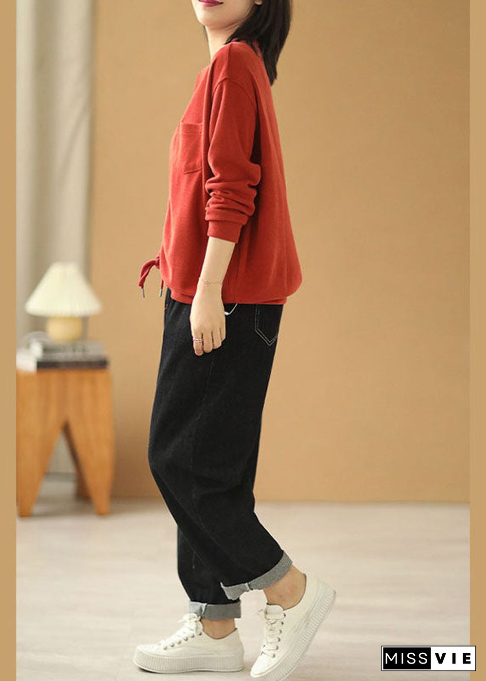 Elegant Red V Neck Pockets Drawstring Fall Loose Sweatshirts Top