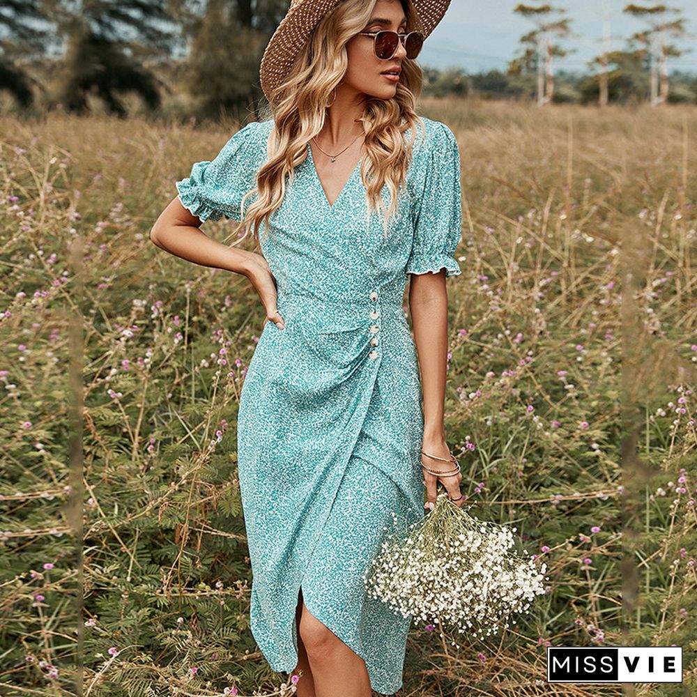 Holiday V-neck Ruffle Sleeves Button Wrap Summer Print Long Green Dress Women Floral Short Sleeve Dresses Beach Maxi Vestidos