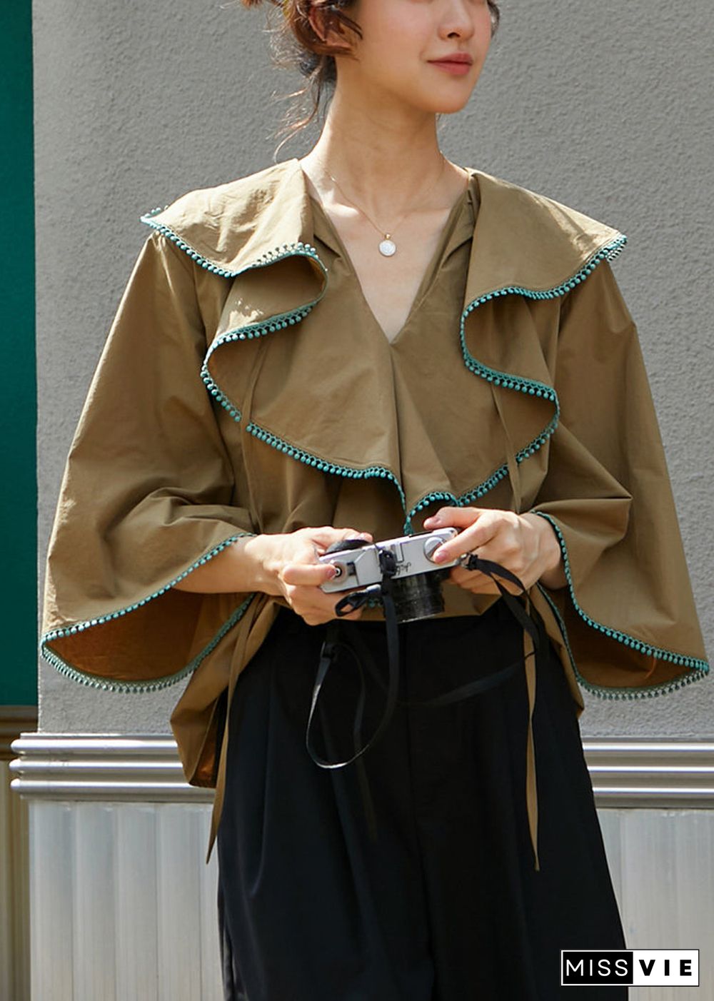 Vintage Khaki V Neck Ruffled Patchwork Cotton Shirts Fall