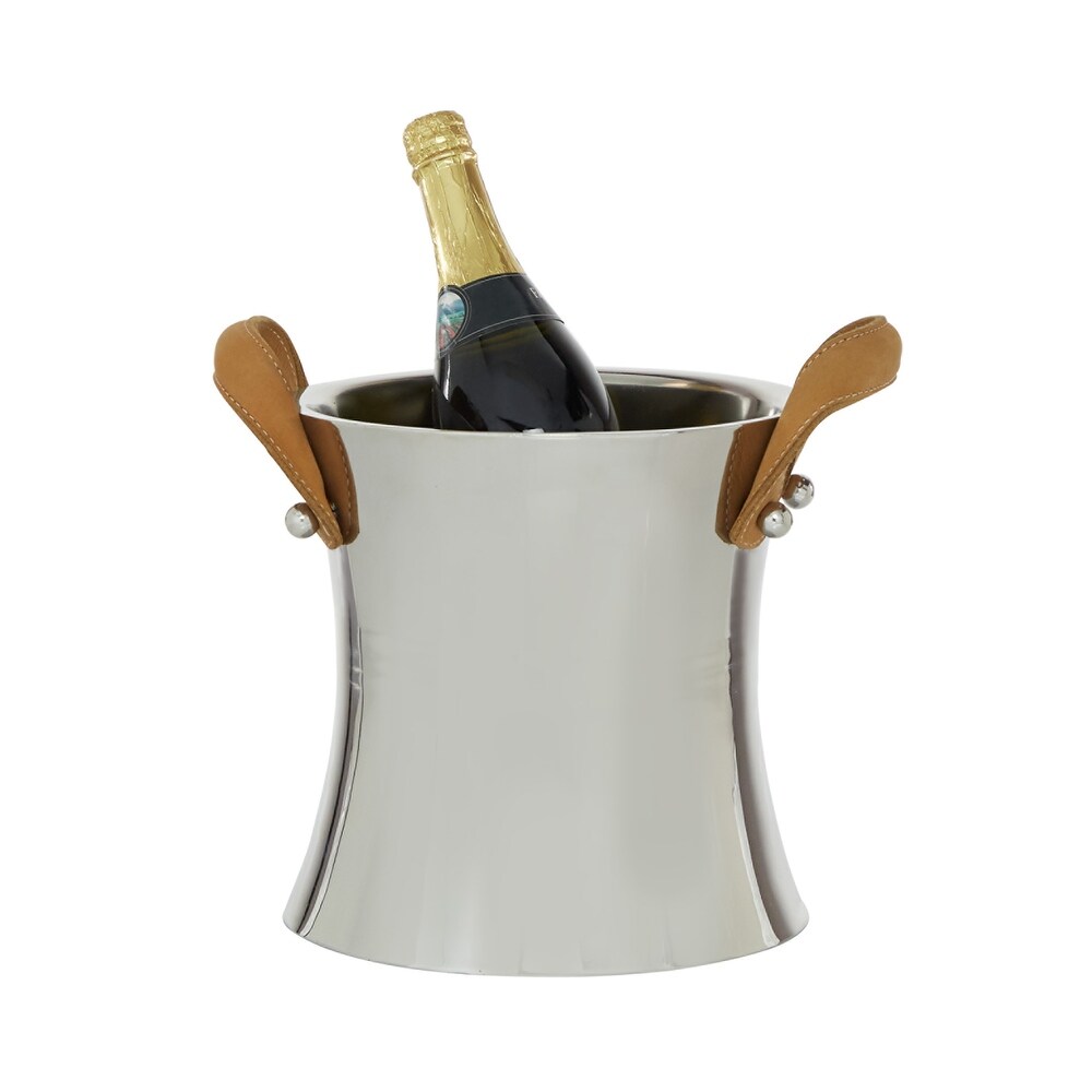 Silver Stainless Steel Champagne Single Bottle Ice Bucket with Leather Strap Handles   11 x 9 x 10