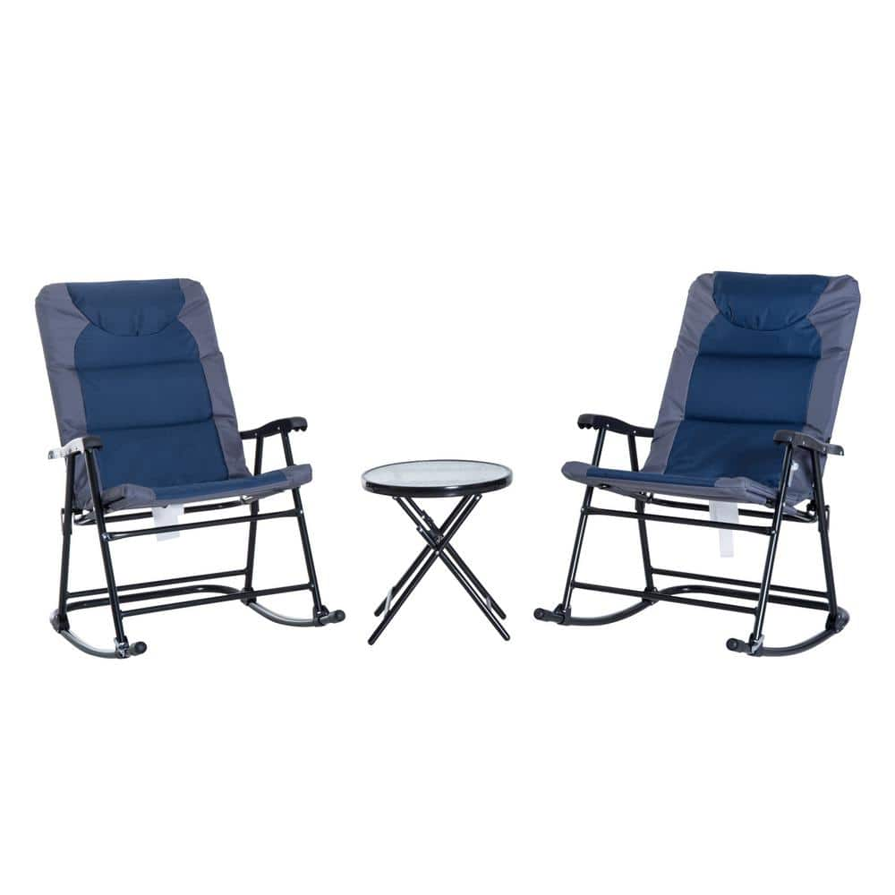 Outsunny 3-Piece Metal Patio Conversation Set with Side Table, Blue/Grey Padded Cushions, and Portable Design 84B-200